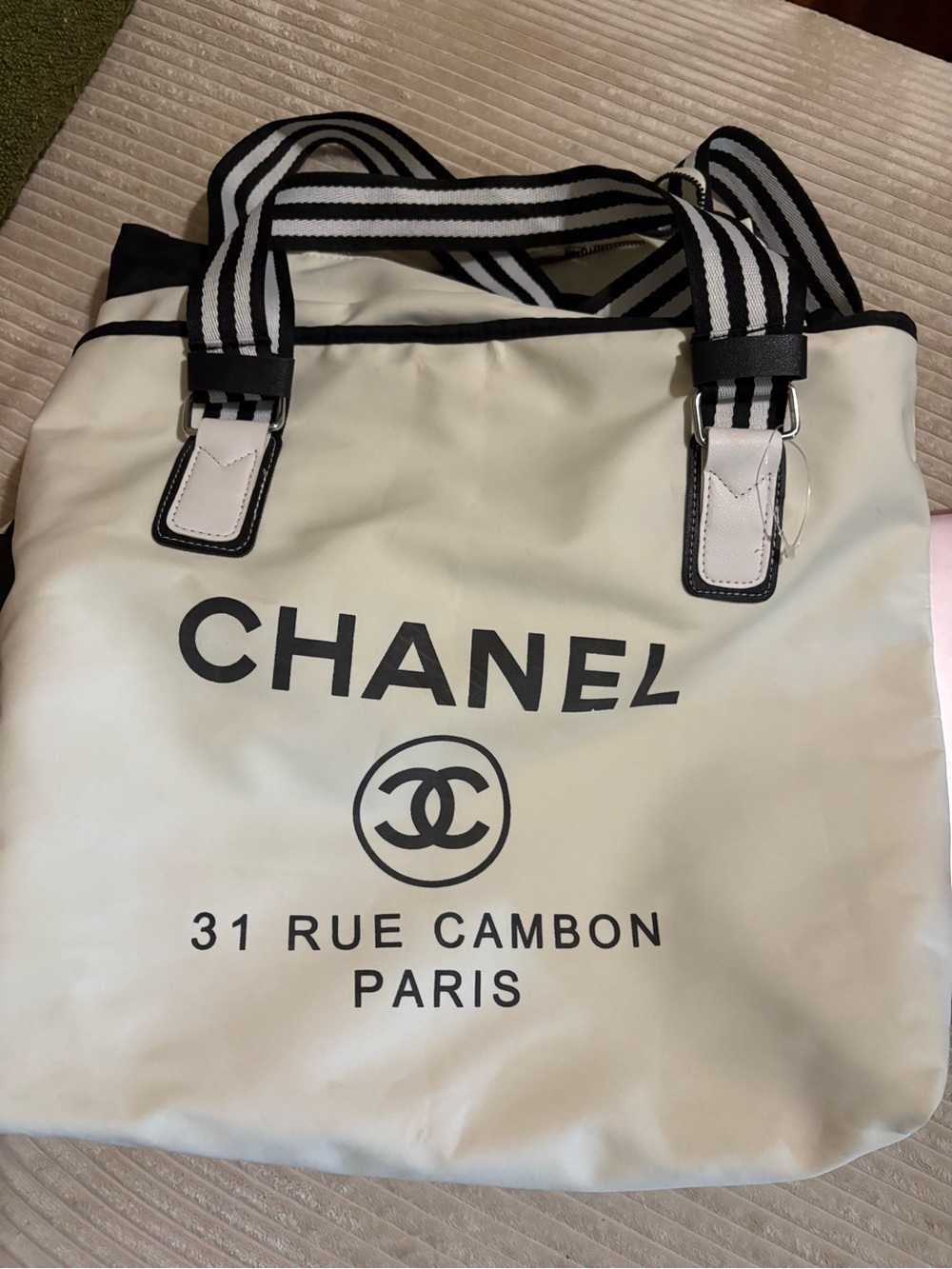 Source Unknown White and Black Chanel Logo Tote with Striped Shoulder Straps
